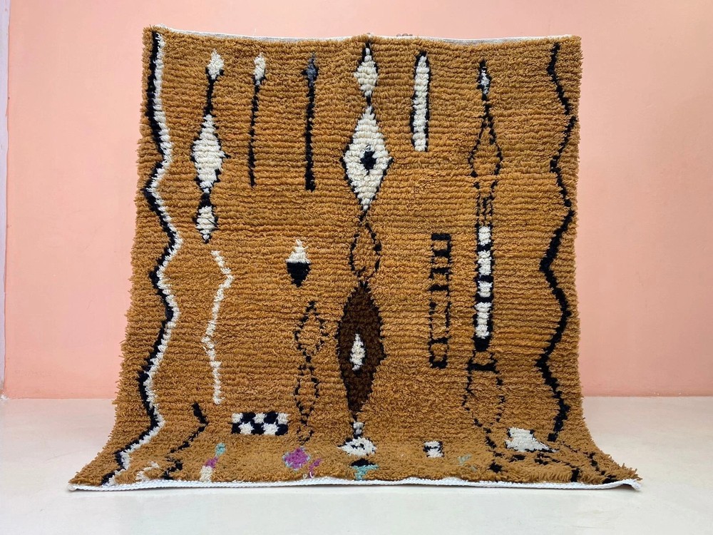 Design Moroccan Berber Beni Wool Rug Color Brwon Multi Handmade Carpet Rug