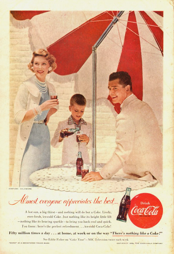 1955 Vintage Coca-Cola Ad Featuring 50s Fashion, Family, and a Red White Umbrella