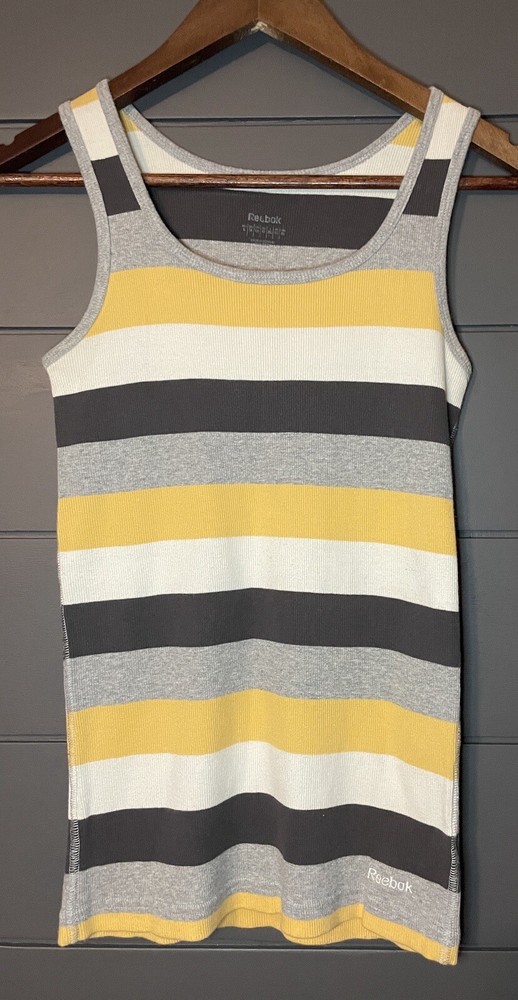 Women’s Reebok Ribbed Tank Top Striped Yellow/Gray/White Size Medium