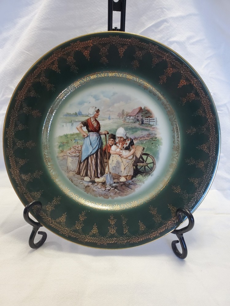 Antique Royal Vienna Pastoral Scene Plate, Women & Children, Dk Green, Austria
