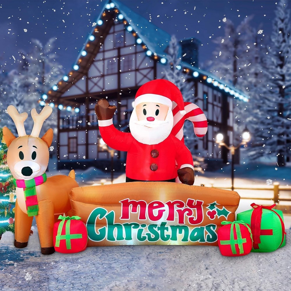 🔥10 FT Long Christmas Inflatable Santa & Reindeer with Merry Christmas Sign🔥