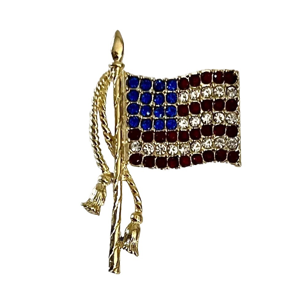 Red White Blue Rhinestone American Flag Patriotic Brooch Lapel Pin Gold Tone