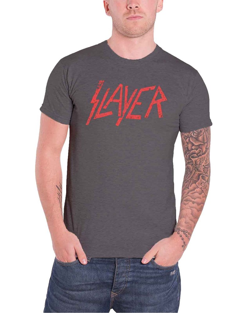 Official Slayer Band Logo Men's Distressed Red T-Shirt in Charcoal Grey