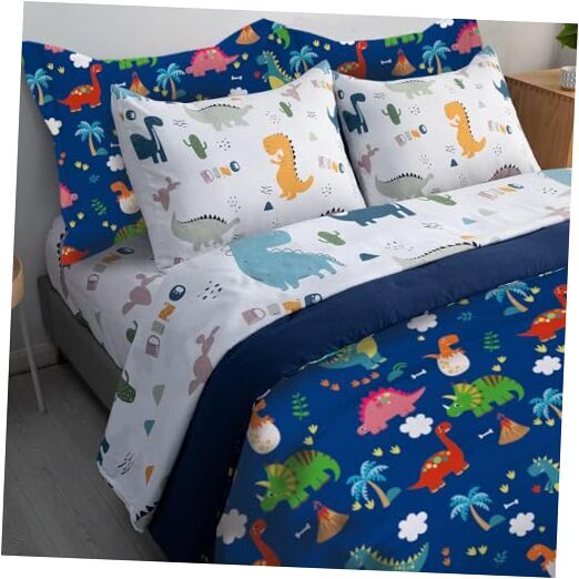 7 Piece Kid Boys Comforter Set Size 3D Blue Wild Park Jungle Queen Dinosaur