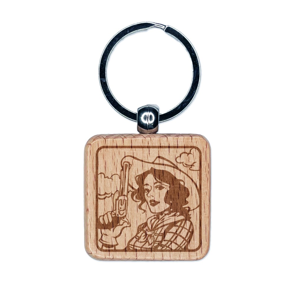 Cowgirl Gun Engraved Wooden Square Keychain Charm