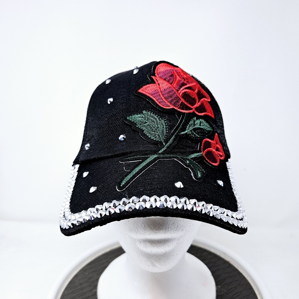 Y2K Black-Red Rose & Silver Stud Biker Trucker Hat for Women  