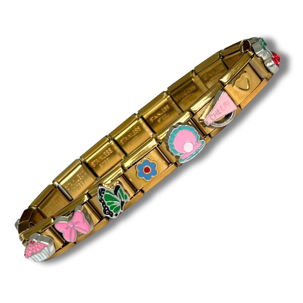 Coquette Italian Charm Bracelet Golden READY TO WEAR w/ 18 Vintage Style Charms