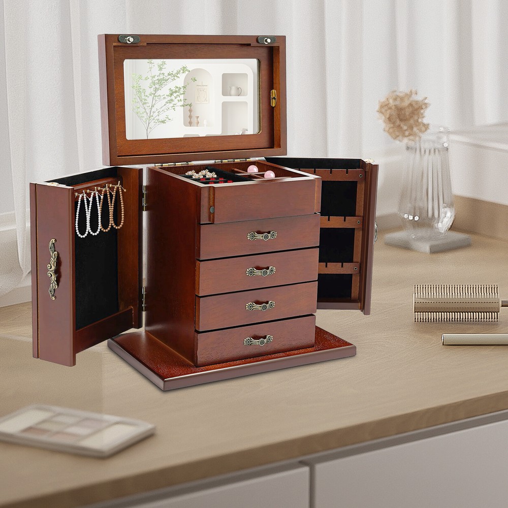 Vintage Wooden Jewelry Cabinet Armoire Box Big Storage Box 5 Drawer W/Mirror