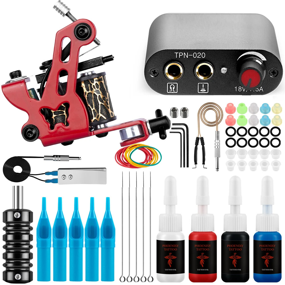 Complete Tattoo Machine Gun Kit Grip Needles Permanent Ink Tattoo Supplies