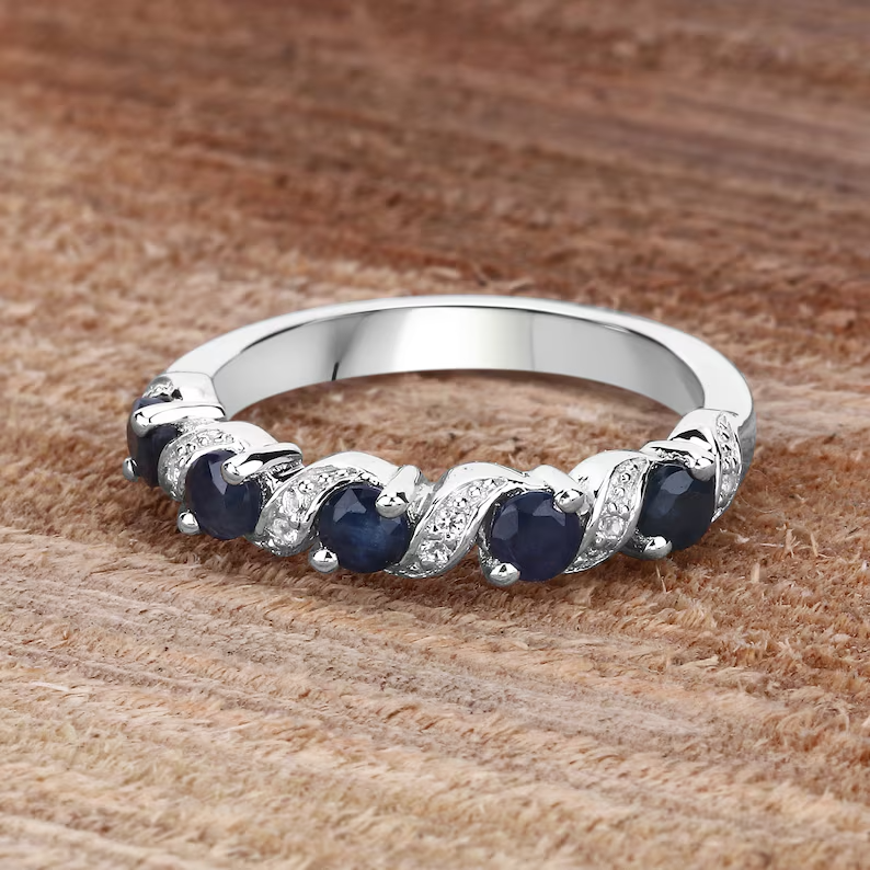 2.15 Ct Round Simulated Sapphire Dainty Half Eternity Ring 14k White Gold Plated