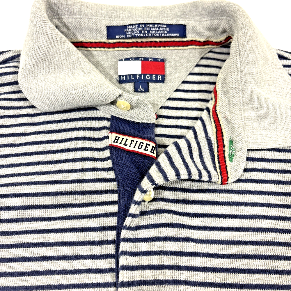 Vintage Tommy Hilfiger Polo Shirt Mens Large Gray Stripe Logo Collar Rare Flag