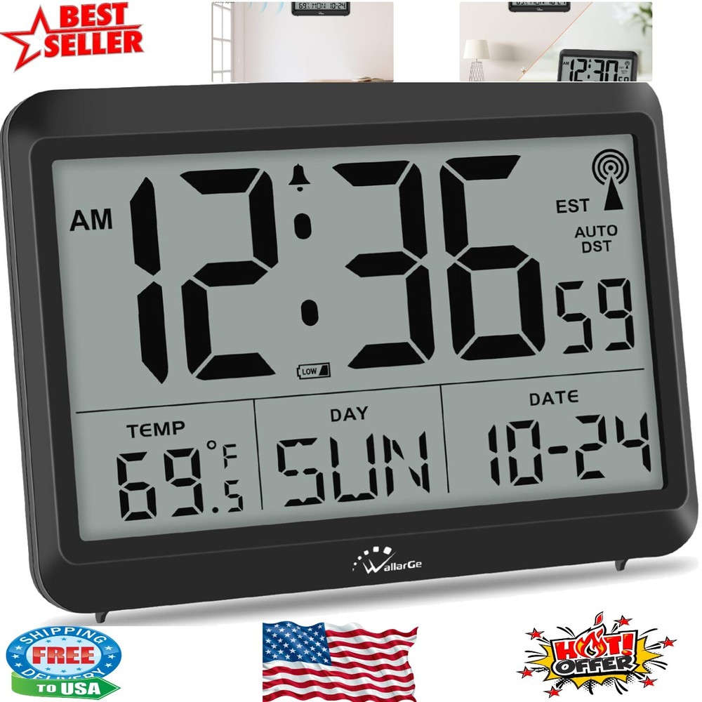 Large Atomic Wall Clock with Date, Temperature & Alarm - Battery Powered