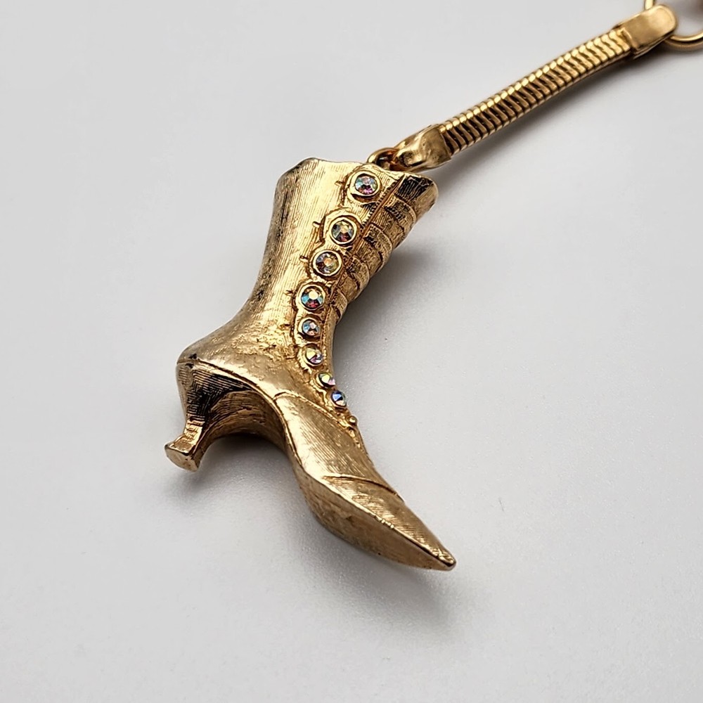 Vtg Victorian Ladies Boot Keychain AB Crystals Rhinestone Buttons Shoe Gold Tone