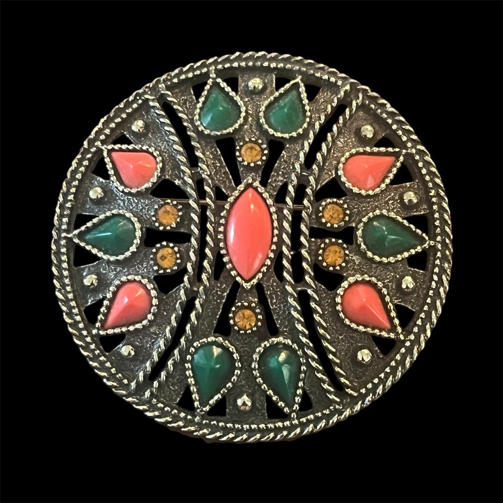 Vintage Emmons Coral Green Amber Brooch Pendant Western African Indian