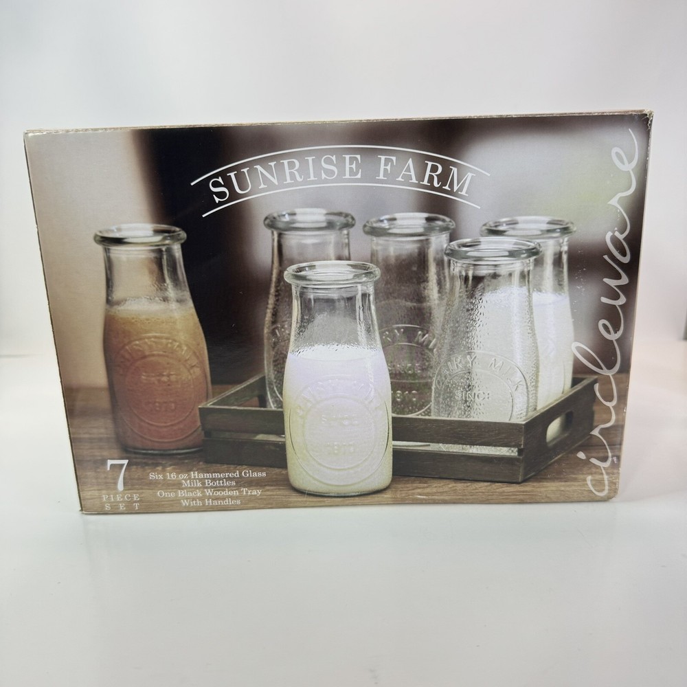 Circleware Sunrise Farm 6 Piece Hammered Glass Milk Bottles And Tray - READ