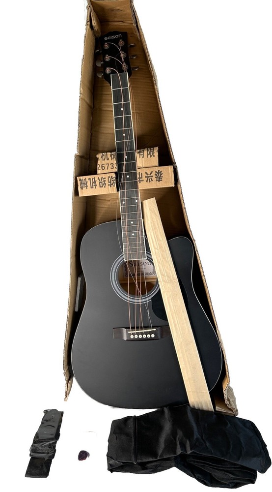 Black Acoustic Guitar Kit with Strap , Guitar Bag Damaged For Parts Only