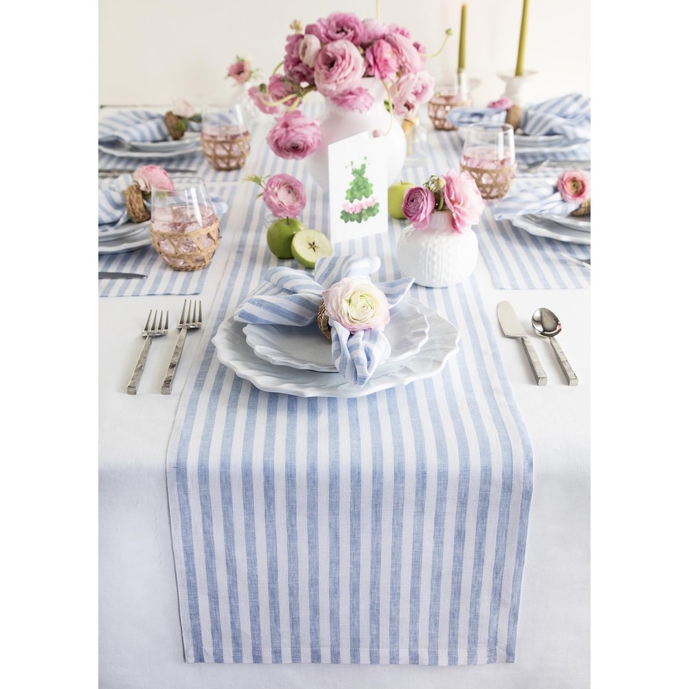 Linen Table Runner 144 Inches Long - Amalfi Stripe, 100% Pure Linen Sky Blue ...