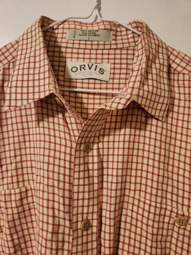 Orvis Mens L Check Smart Wool Blend Long Sleeve Casual Button-Up Fishing Vintage