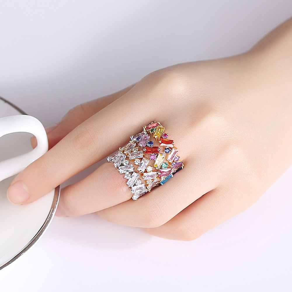 Fashion Geometric Inlaid Colorful Zircon Women's Gold Plated Ring Jewelry Gift