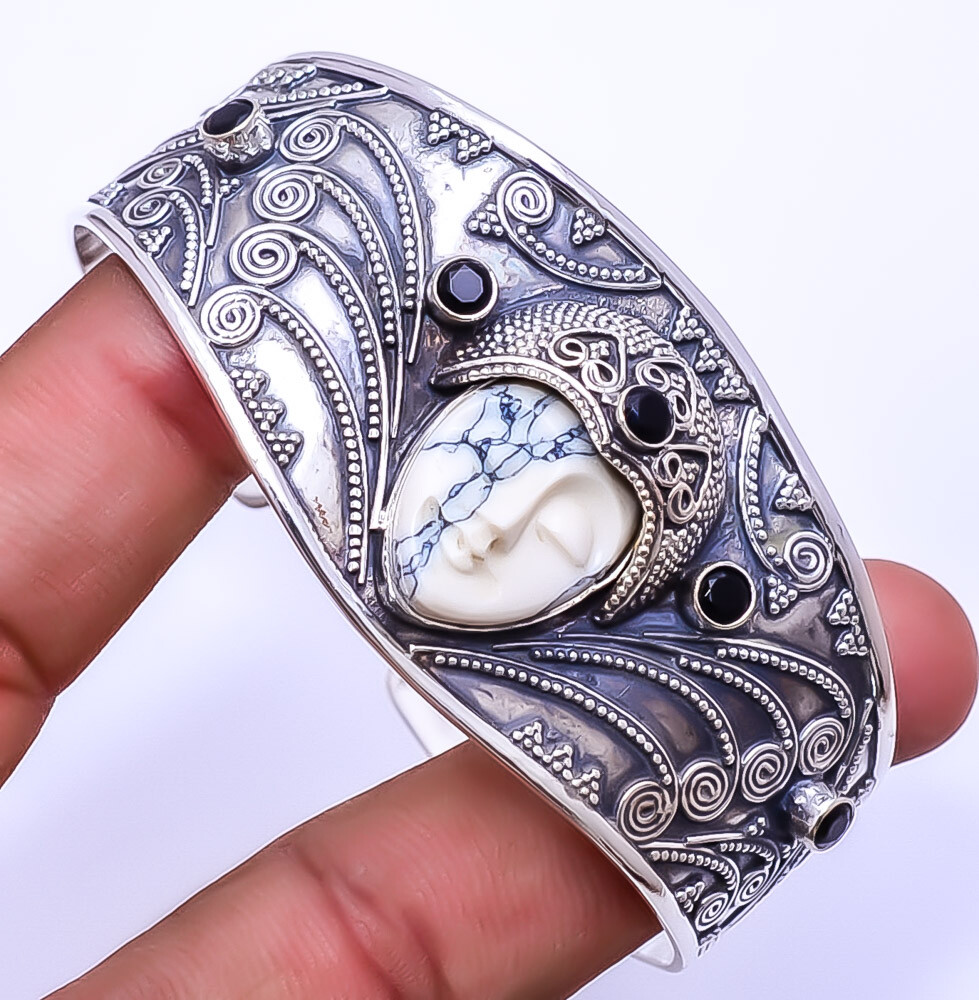 Copper White Turquoise & Black Onyx 925 Sterling Silver Bali Cuff 6.99