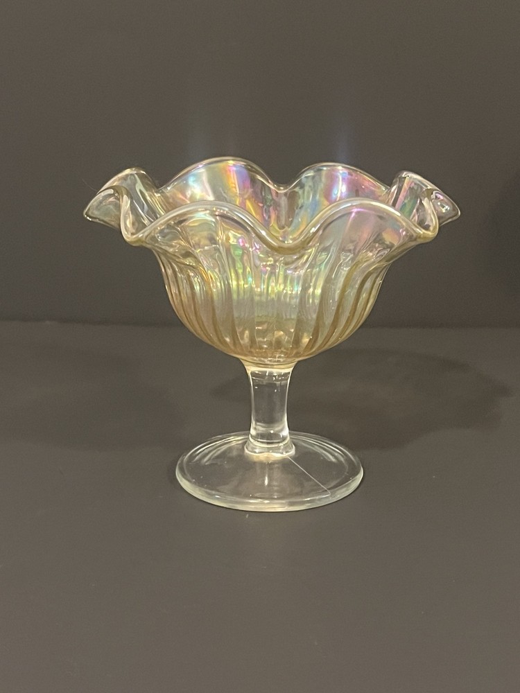 Vintage Imperial Glass Pink Iridescent Ruffled Edge Compote Dish