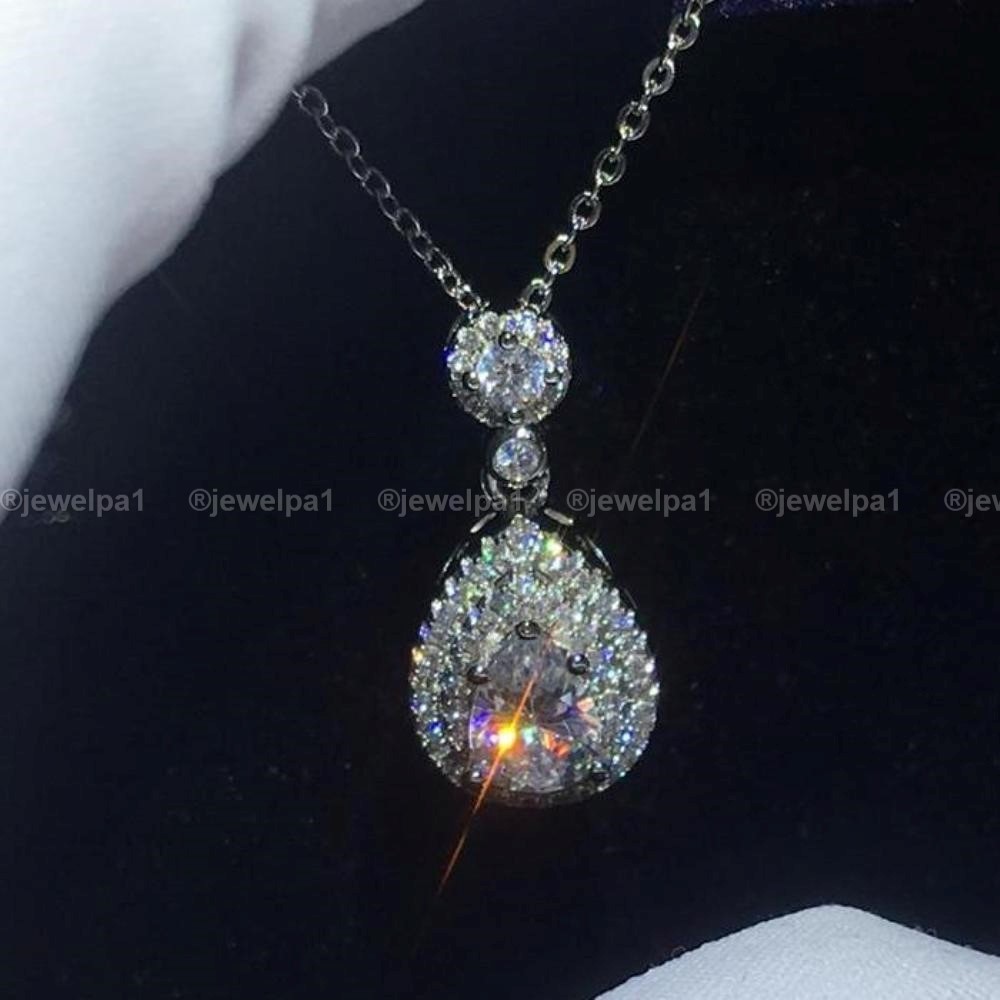 Christmas Sale Moissanite Teardrop Pendant 3 Carat Pear Cut Solid 14K White Gold-image