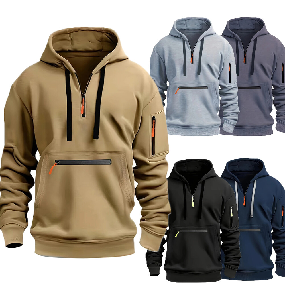 Retro Men Sweatshirt Work Half Zip Up Jumper Hoodie Hooded Jacket Coat Casual