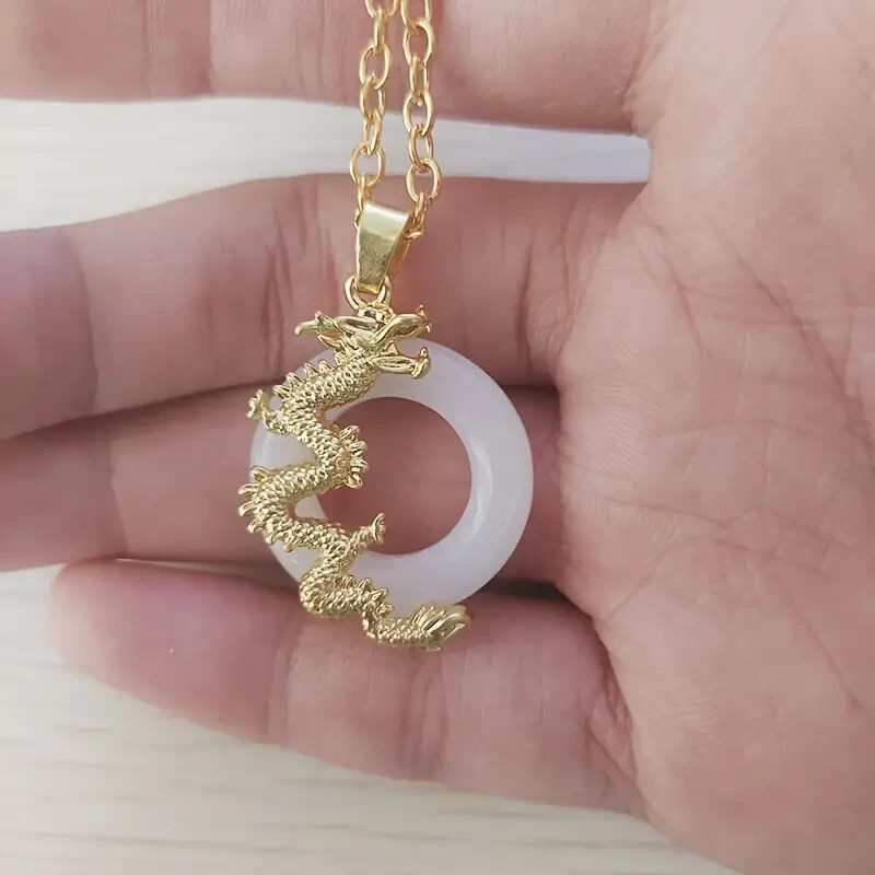 Year Of The Dragon Necklace, Chinese New Year, Good Luck, White Ring Gold Dragon-image