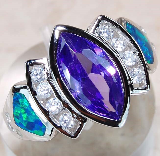 2CT Amethyst & Australian Opal Inlay Sterling Silver Ring Size 9 BA4