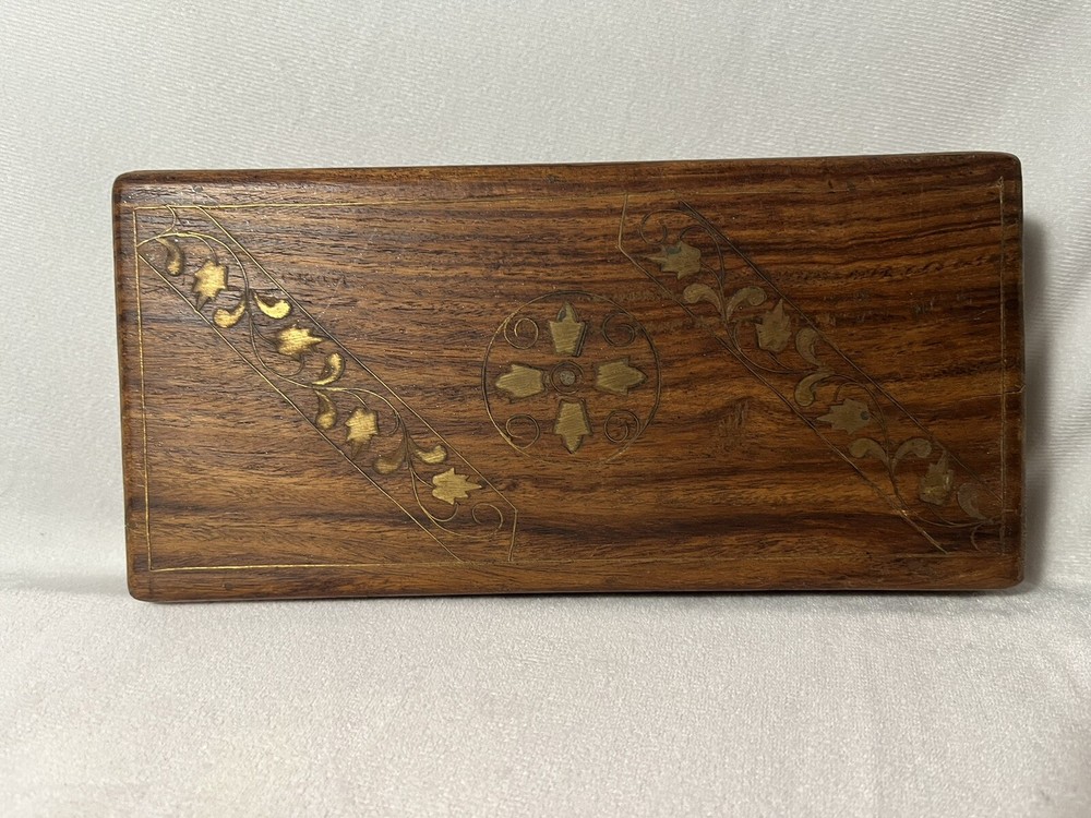 Vintage Brass-Inlaid Wooden Jewelry Box 9.25x4.5 Inches for Trinkets