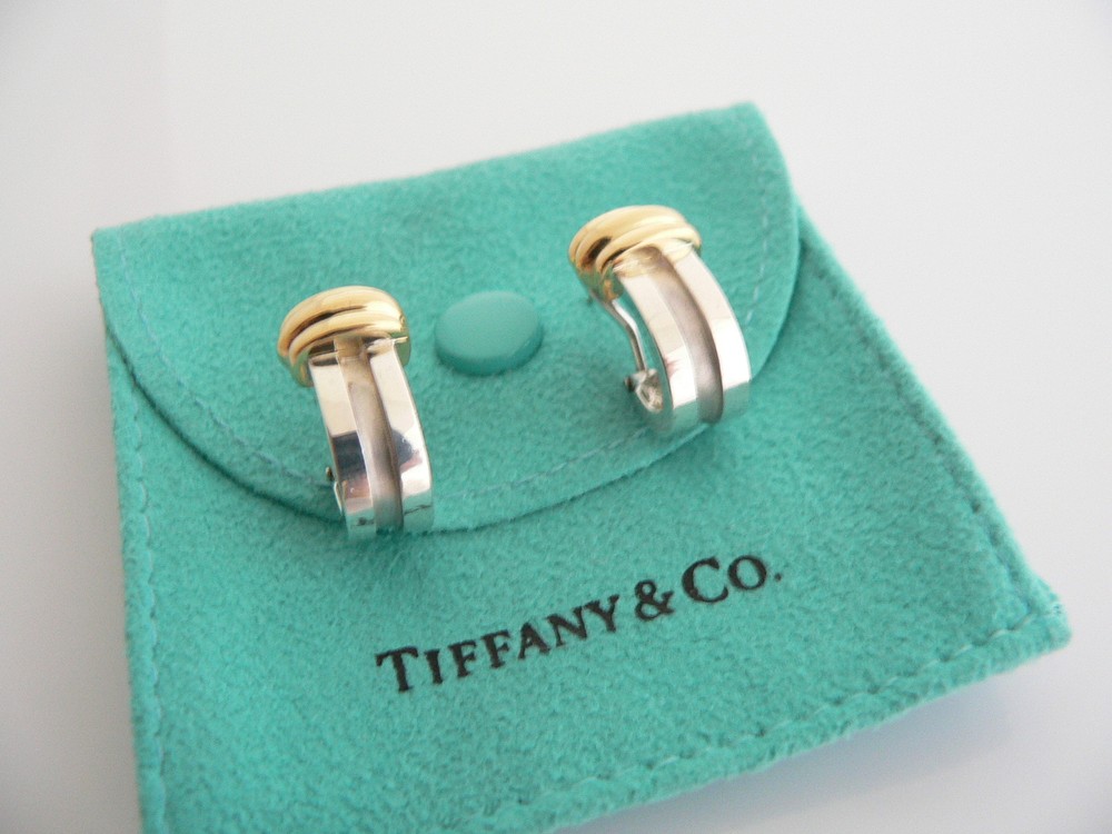 Tiffany & Co Atlas Earrings Pierced Silver 925 18K Gold Huggie Hoop Pouch Love