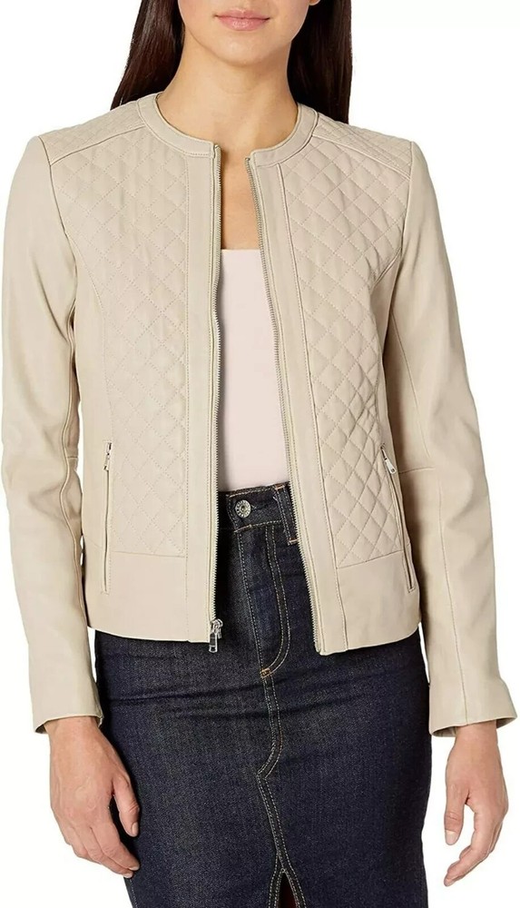 Women's Cream Quilted Biker Jacket 100% Real Lambskin Leather Winter Biker Coat