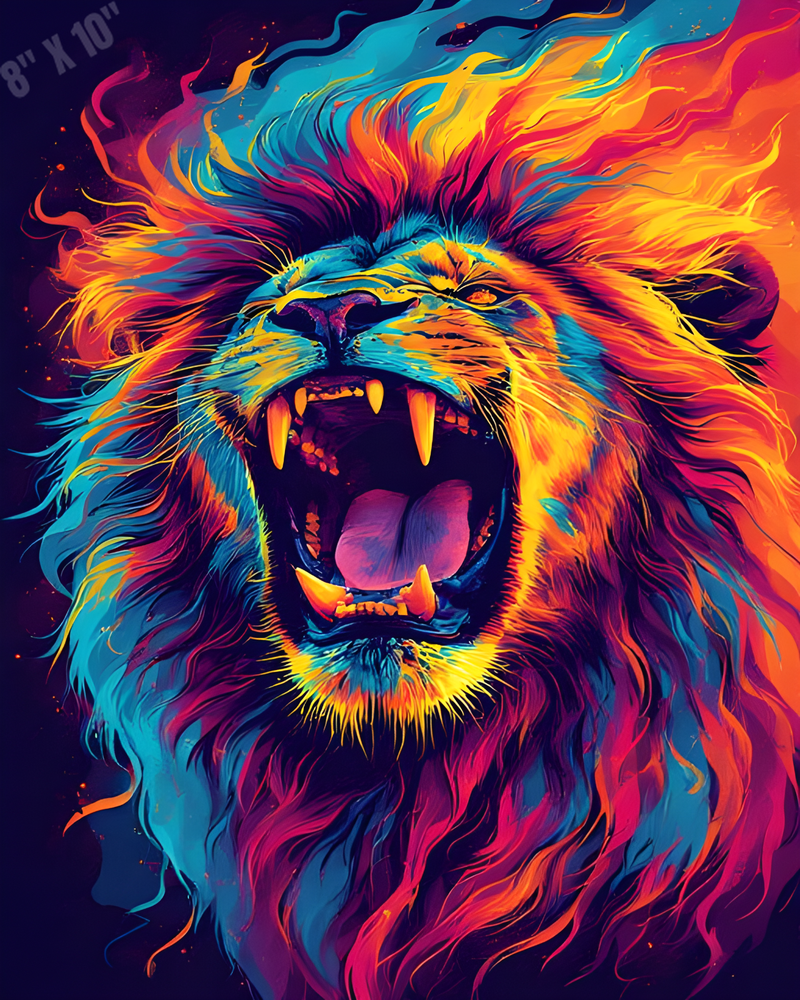 Lion Roaring In Fiery Neon Colors Pop Art 8X10 Print