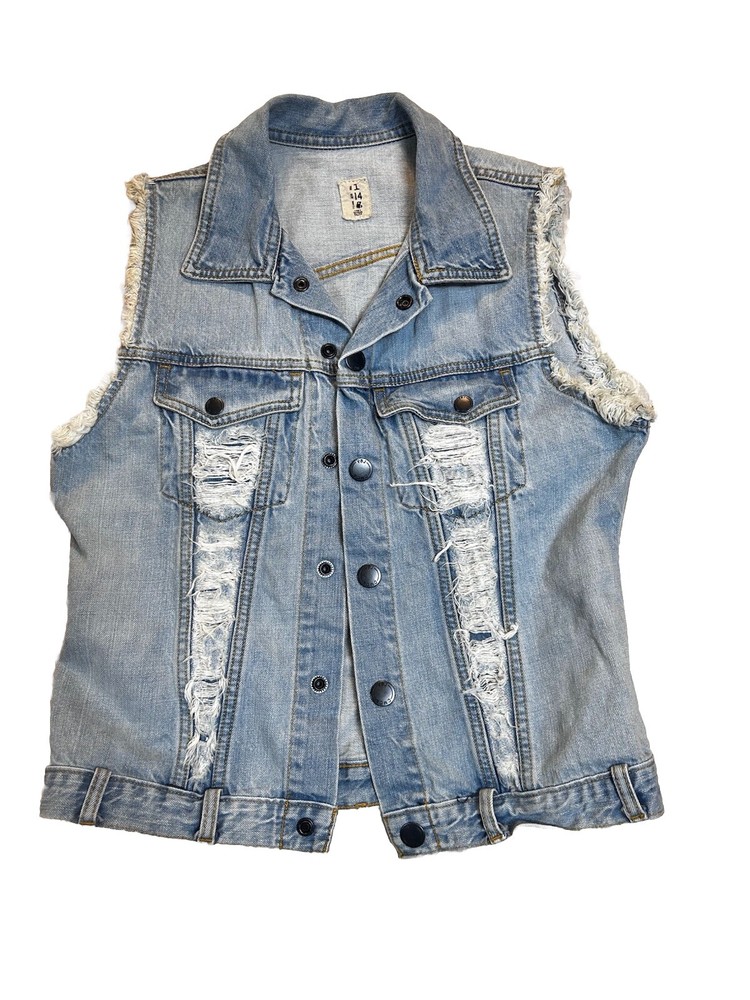 Volcom Jeans Light Denim Button Down Vest Boho Distressed Floral Back Hippie Sz1