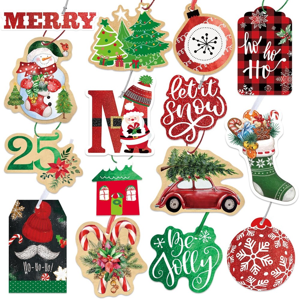 Gift Tags for Christmas Presents 60 Count with Untied String (15 Assorted Gli...