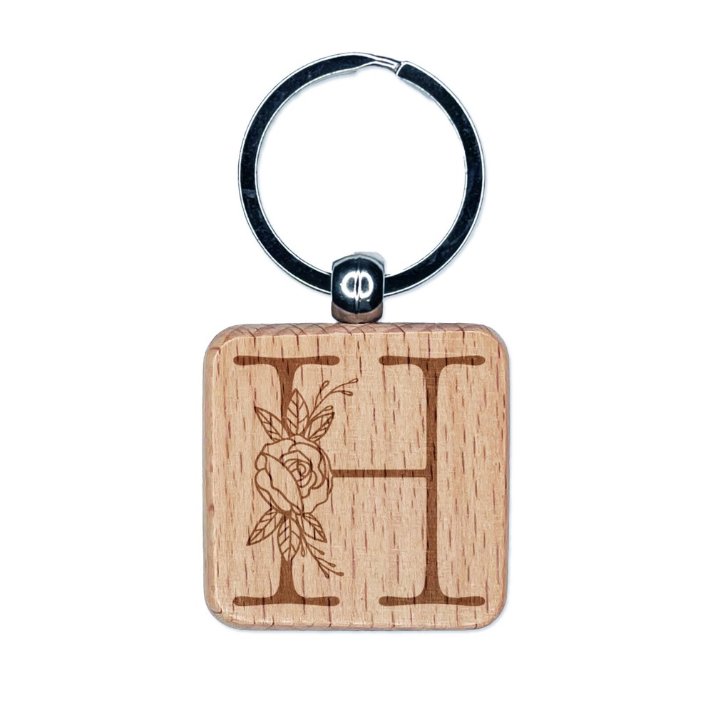 Vintage Rose Typewriter Font H Engraved Wood Keychain Charm