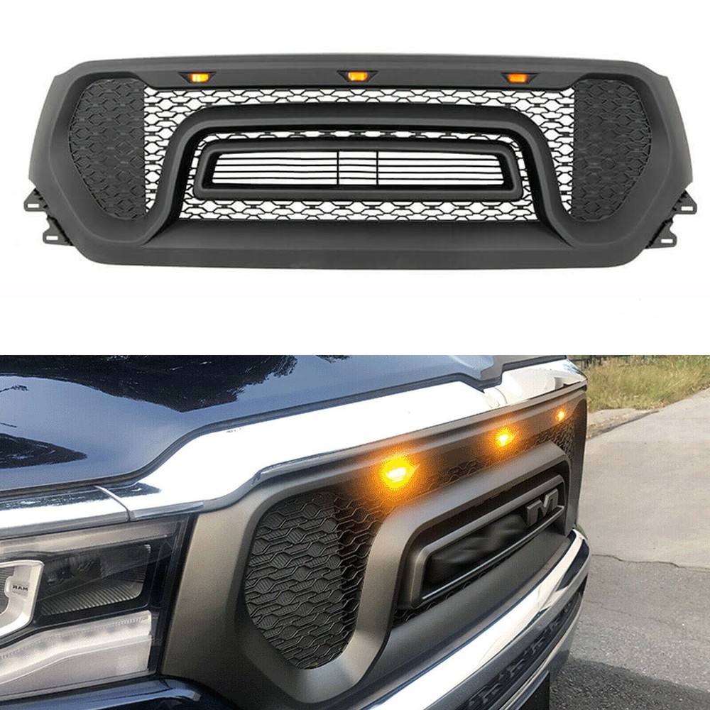 For Dodge Ram 1500 Grill 2019 2020 Rebel Style Front Grille W/LETTER+3LED Black