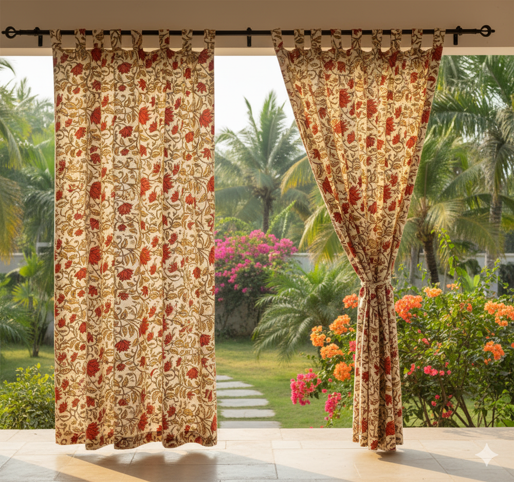Hand Block Print Cotton Curtains Floral Living Room Drapes Handmade Set of 2