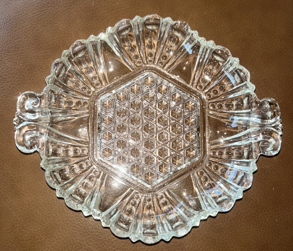 Vintage Hobnail Glass Relish Dish with Scalloped Edges and Double Handles