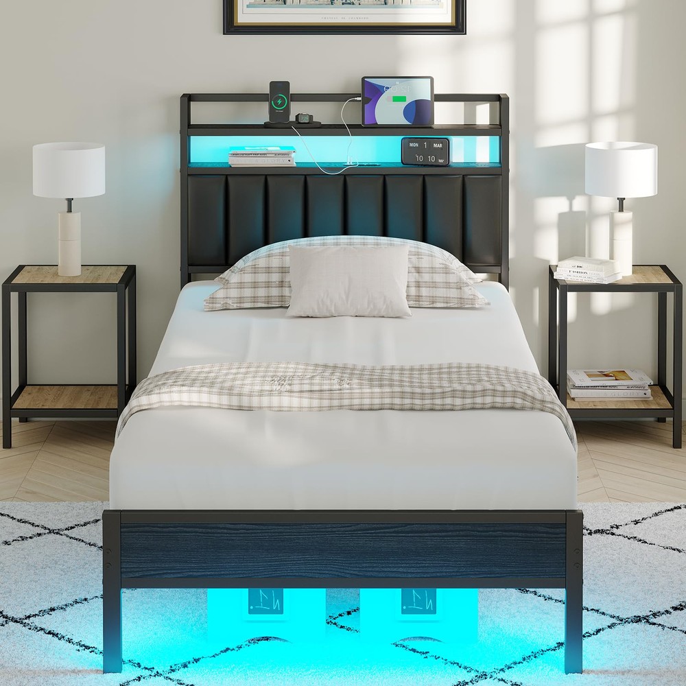 CollaredEagle Twin Bed Frame with Headboard and USB Charging Ports, Sturdy Metal Design