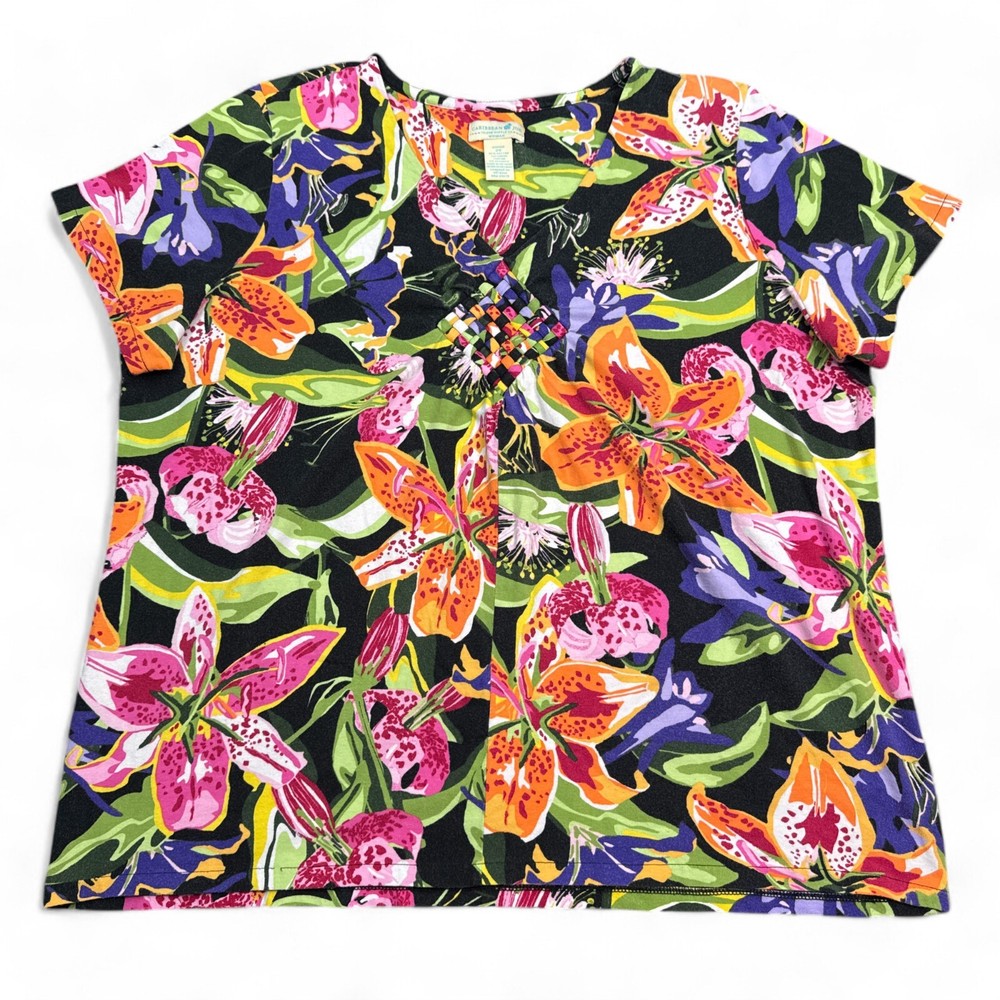 Caribbean Joe Top Womens Plus Size 2X Multicolor Tropical Floral Stretch