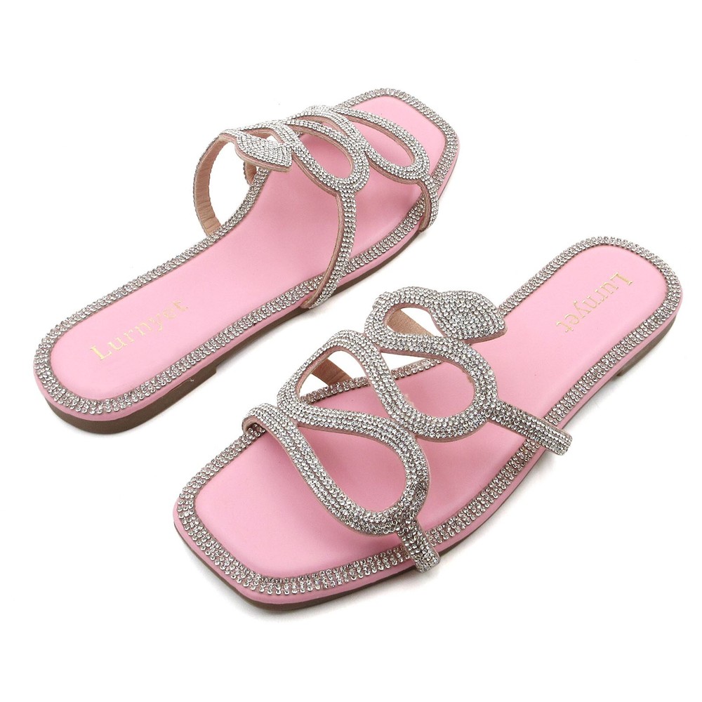 Lurnet Womens Comfortable Summer Rhinestone Square Toe Slide Sandals with Crystal Details