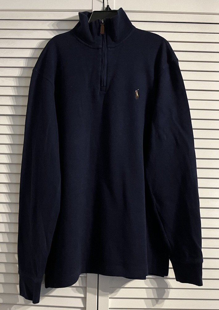 Polo RALPH LAUREN Estate Rib 1/4 Zip Pony Mock Neck Pullover Sweater Navy Mens S