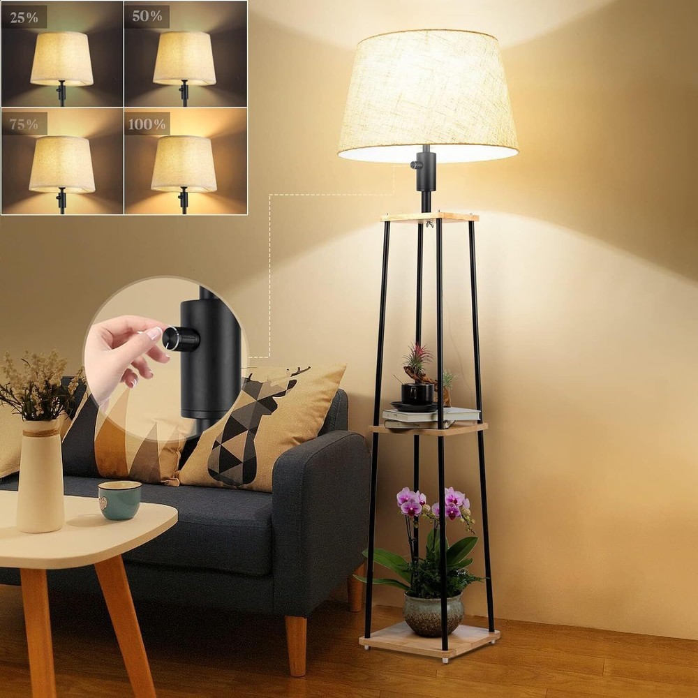 60IN Dimmable (Brightness Adjustable) Floor Lamp with Shelves, 3-Tier Corner ...