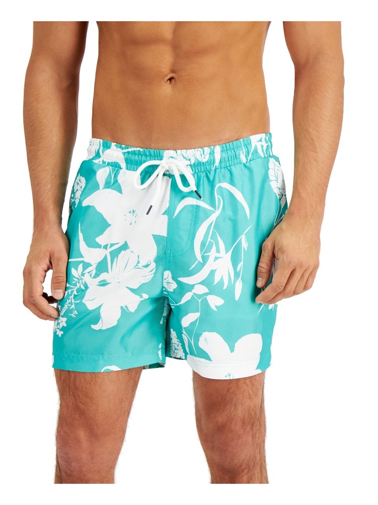 INC Mens Turquoise Drawstring, Floral Regular Fit Swim Trunks XXL