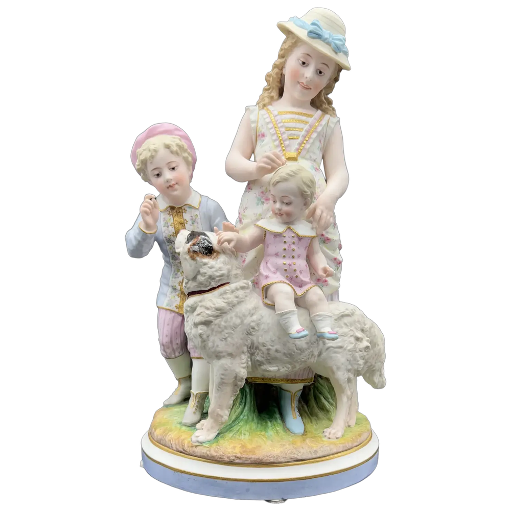 French Bisque Figurine, Children & Dog, Heubach Quality, 18” H