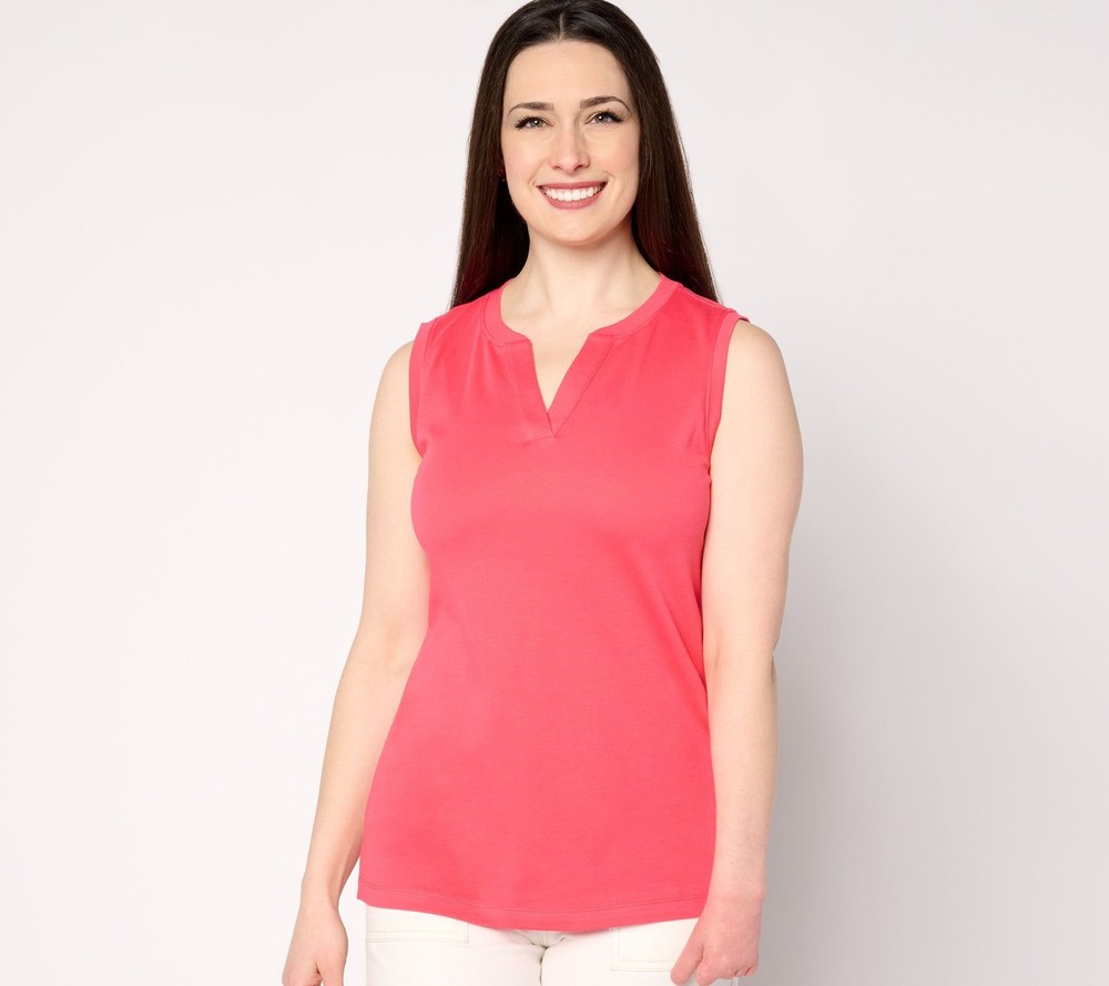 Isaac Mizrahi Live! Women's Top Sz L Essentials Pima Cotton Y Neck Red A598227