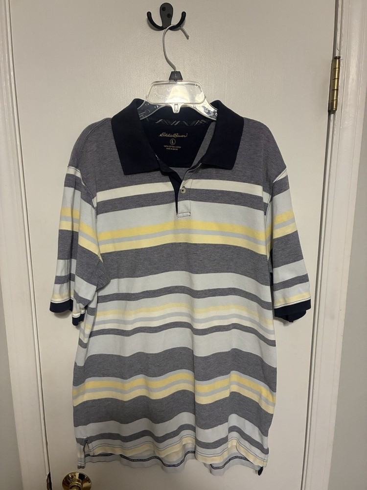 Vintage Eddie Bauer Polo Shirt Mens Large Blue 1990s Striped Short Sleeve