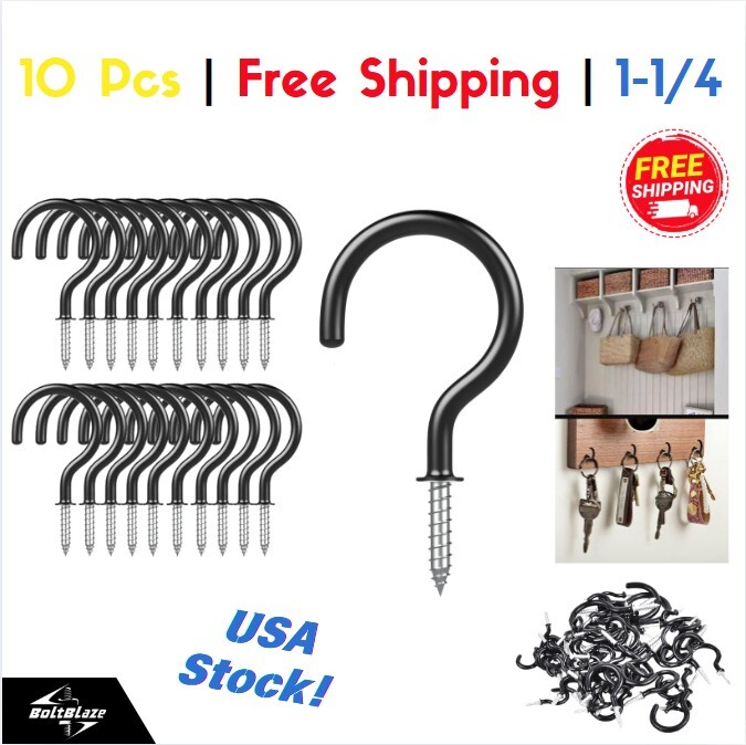 10-Pack 1-1/4 Inch Black Vinyl Coated Screw Hooks for Hanging Plants and Decor