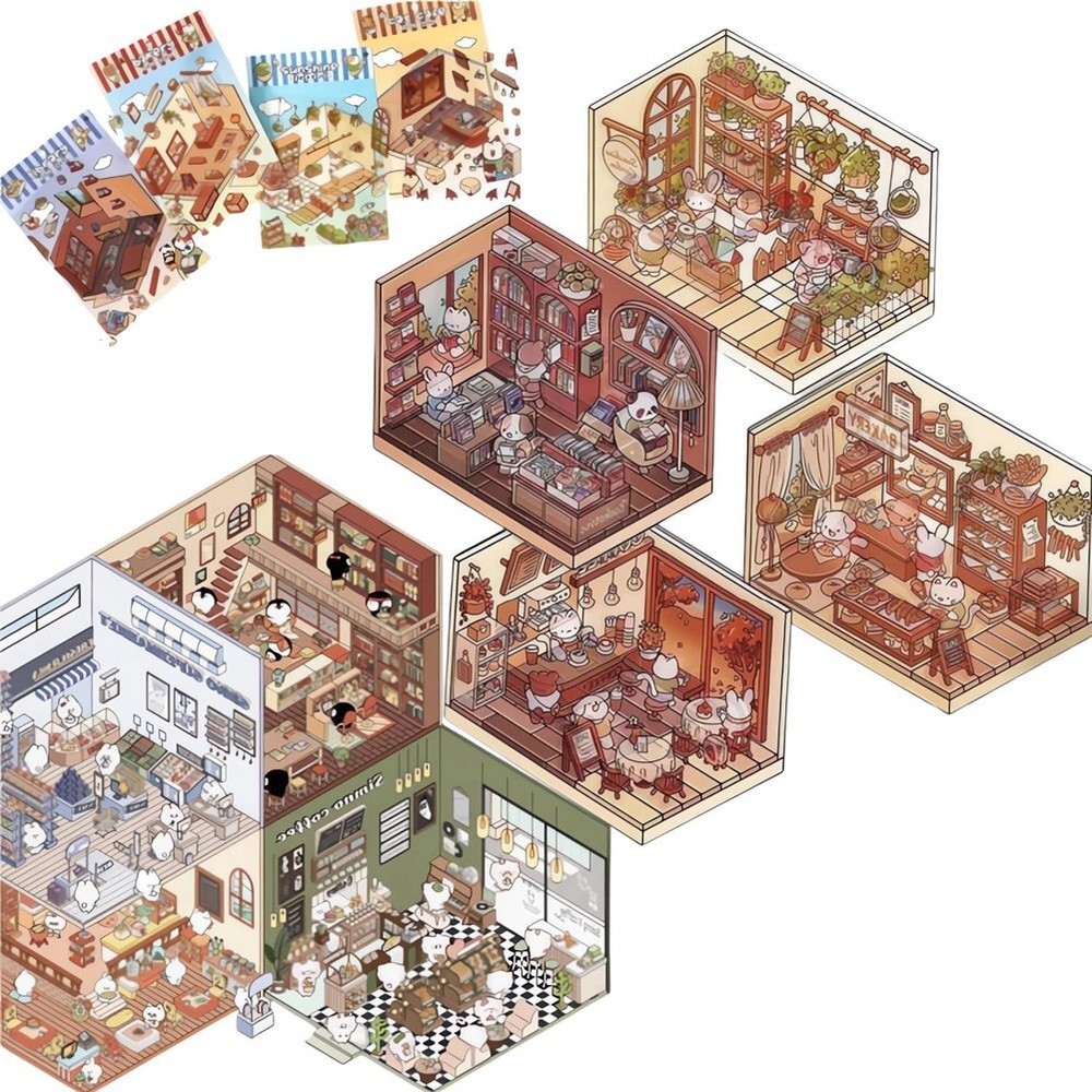 4 Sets DIY 3D House Stickers, Cute Cartoon Scene Stickers, Fun DIY Stickers5364